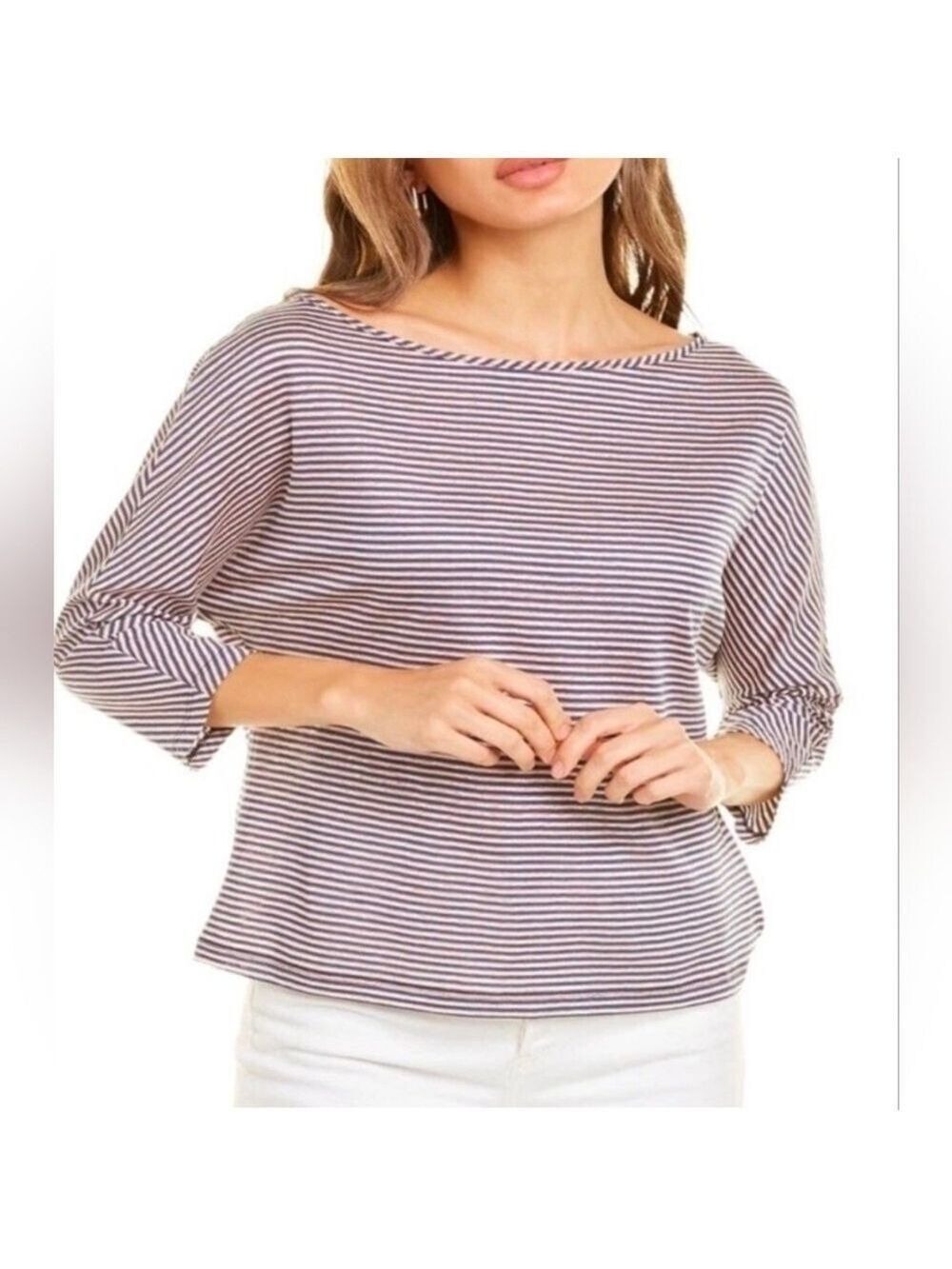 St. John Women’s Bateau Neck Linen Blend Stripe Top Dolman Sleeves Size XS